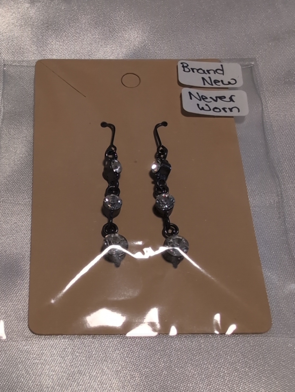 NWOT Gunmetal Black Clear Rhinestone Tiered Linear Drop Earrings